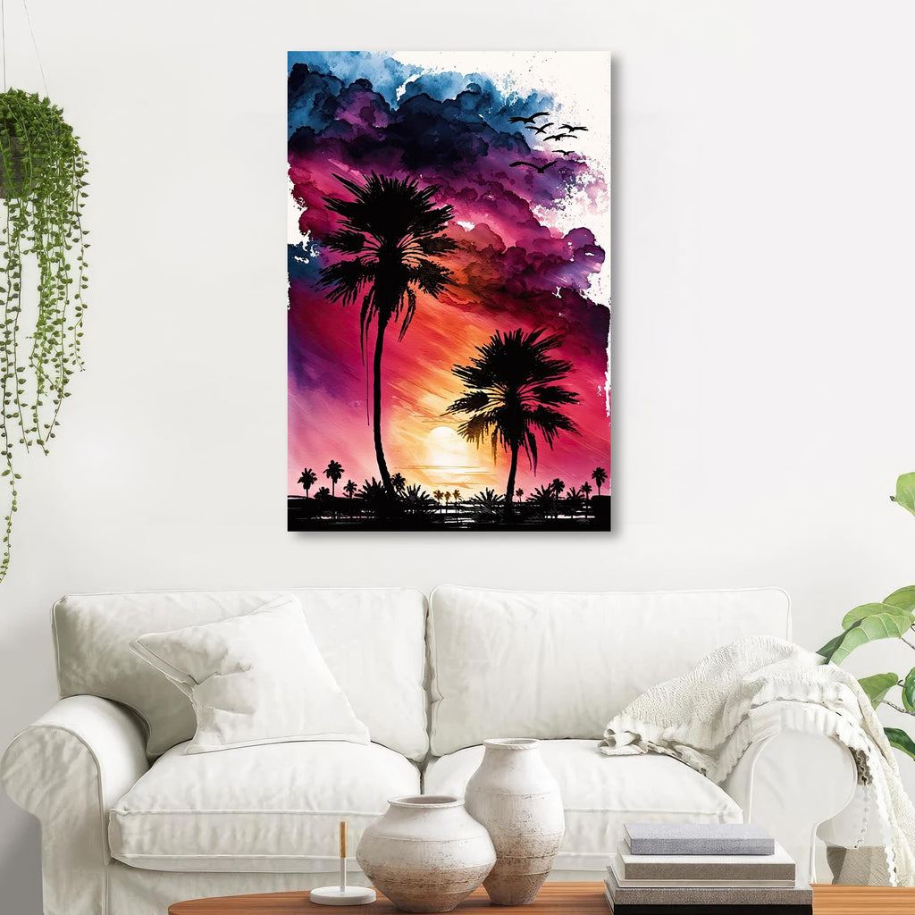 Palm Tree Sunset Art Print Watercolor Coastal Wall Art Nature Inspired Gift Tropical Beach House Home Decor