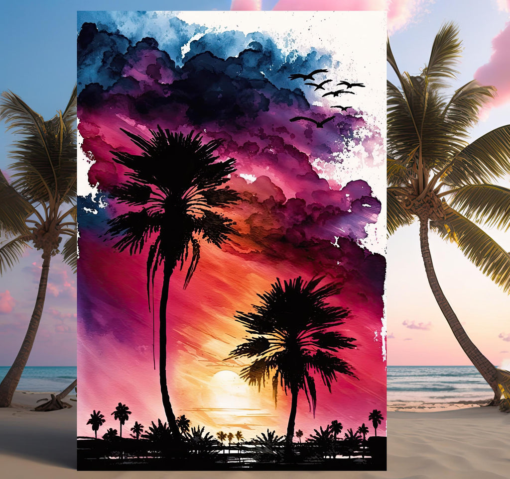 Palm Tree Sunset Art Print Watercolor Coastal Wall Art Nature Inspired Gift Tropical Beach House Home Decor