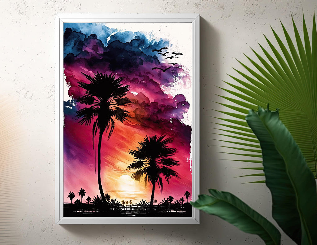 Palm Tree Sunset Art Print Watercolor Coastal Wall Art Nature Inspired Gift Tropical Beach House Home Decor