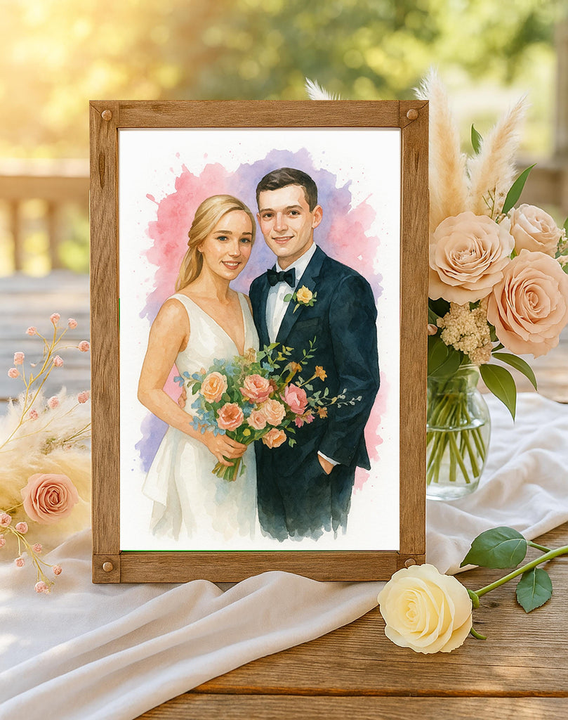 Personalized Bride and Groom Watercolor Portrait from Photo, Custom Wedding Gift, Romantic Anniversary Couple Print, Keepsake Wall Art