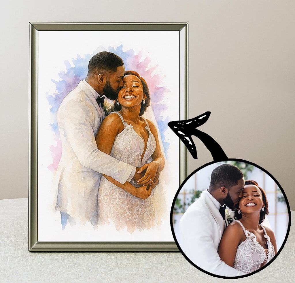 Wedding Anniversary Gift Watercolor Portrait from Photo, Personalized Couple Print, Custom Bride and Groom Wall Art Keepsake