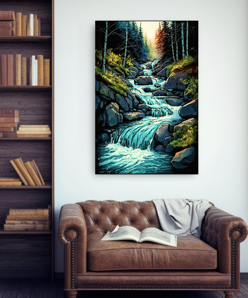 Forest Stream Watercolor Print, Nature Inspired River Canvas Art, Rustic Woodland Poster, Tranquil Landscape Wall Art Home Decor