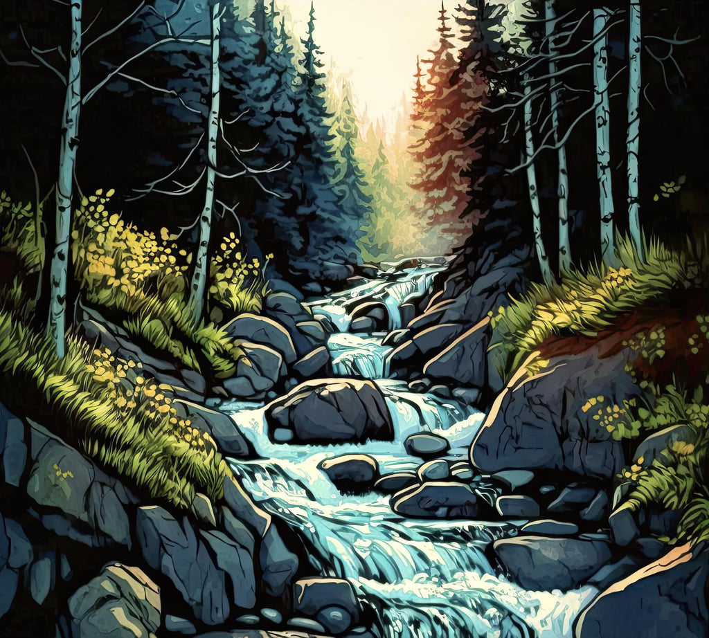 Forest Stream Watercolor Print, Nature Inspired River Canvas Art, Rustic Woodland Poster, Tranquil Landscape Wall Art Home Decor
