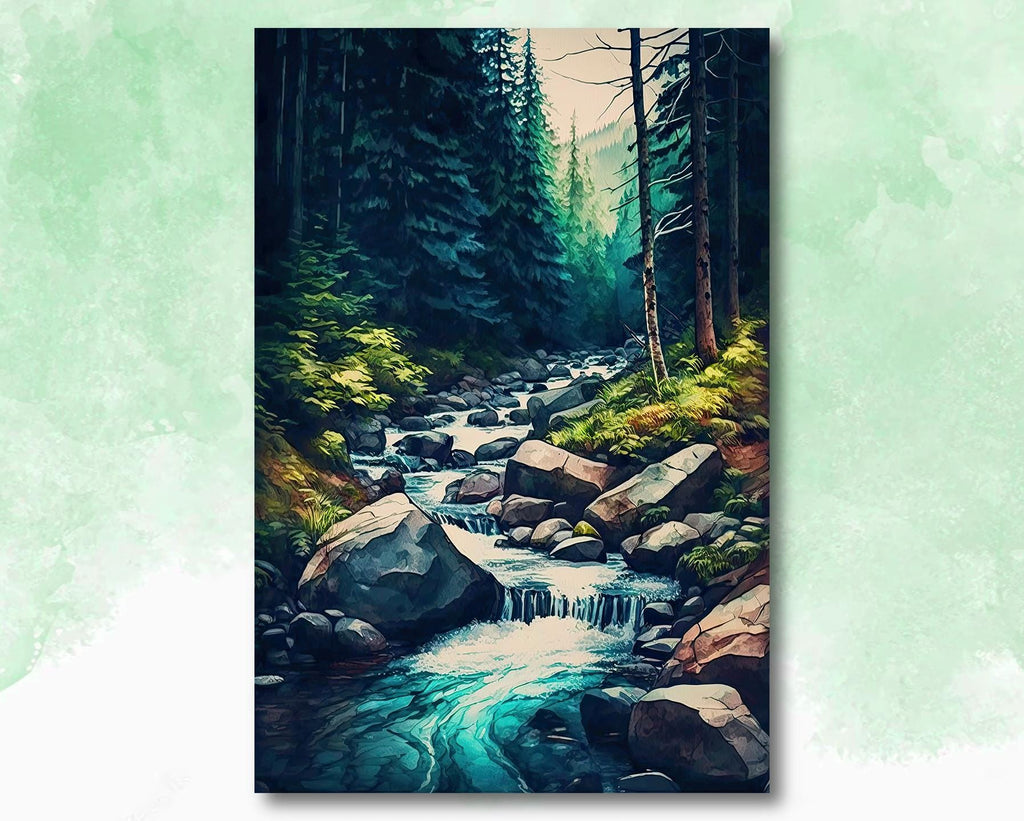 Forest Stream Watercolor Print, Nature Inspired River Canvas Art, Rustic Woodland Poster, Tranquil Landscape Wall Art Home Decor
