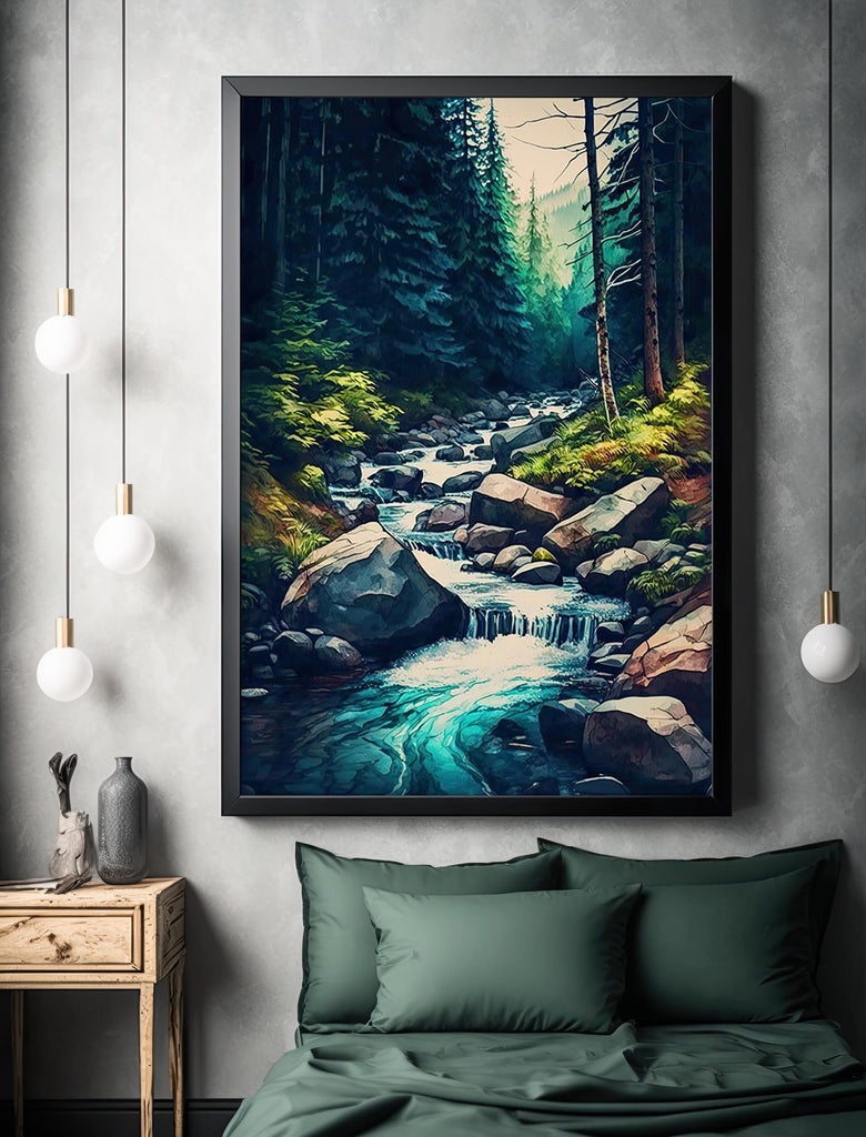 Forest Stream Watercolor Print, Nature Inspired River Canvas Art, Rustic Woodland Poster, Tranquil Landscape Wall Art Home Decor