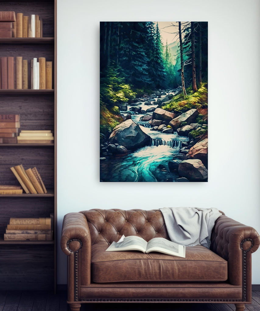 Forest Stream Watercolor Print, Nature Inspired River Canvas Art, Rustic Woodland Poster, Tranquil Landscape Wall Art Home Decor