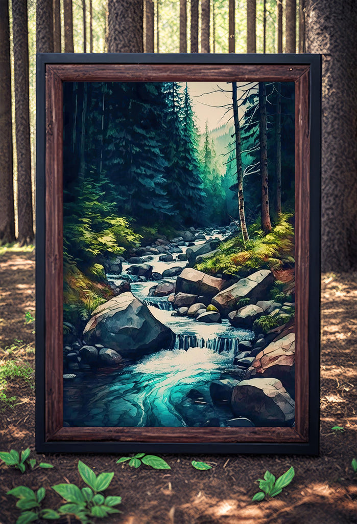 Forest Stream Watercolor Print, Nature Inspired River Canvas Art, Rustic Woodland Poster, Tranquil Landscape Wall Art Home Decor