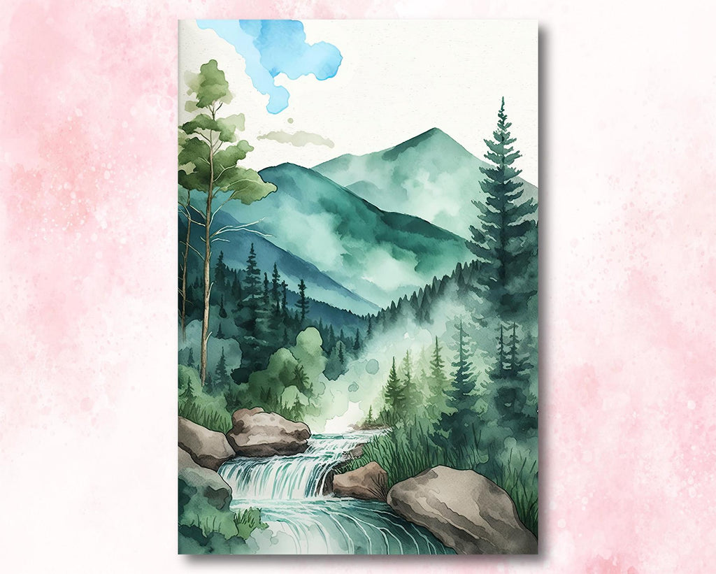 Forest Stream Watercolor Print, Nature Inspired River Canvas Art, Rustic Woodland Poster, Tranquil Landscape Wall Art Home Decor