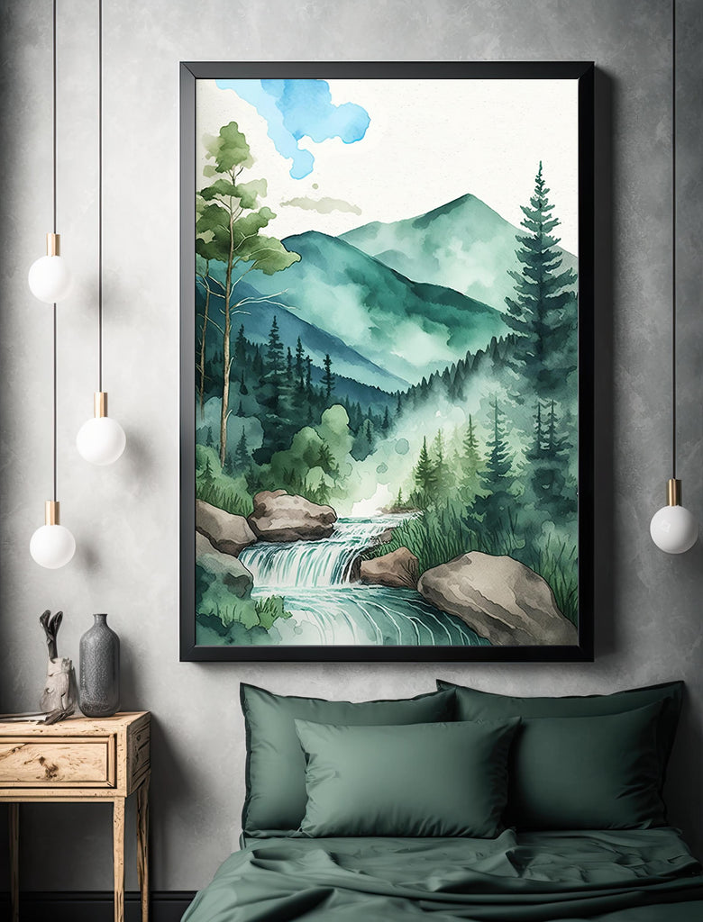 Forest Stream Watercolor Print, Nature Inspired River Canvas Art, Rustic Woodland Poster, Tranquil Landscape Wall Art Home Decor