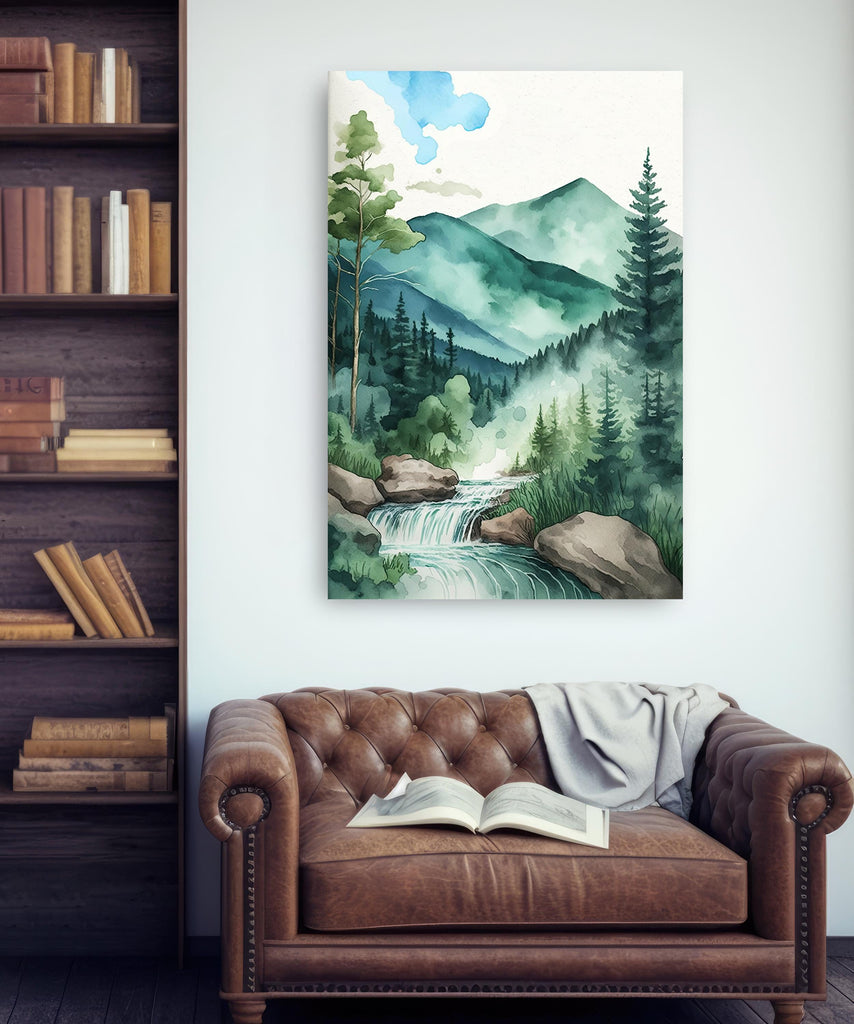 Forest Stream Watercolor Print, Nature Inspired River Canvas Art, Rustic Woodland Poster, Tranquil Landscape Wall Art Home Decor