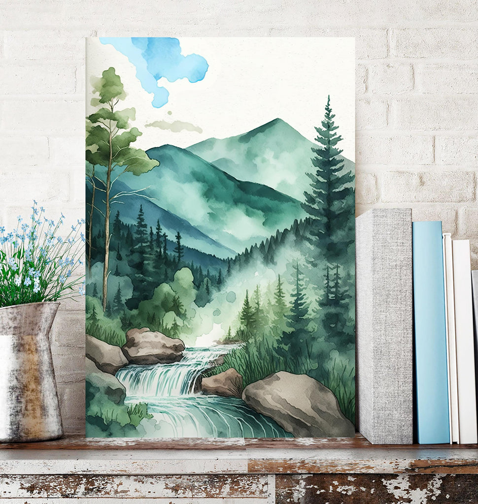 Forest Stream Watercolor Print, Nature Inspired River Canvas Art, Rustic Woodland Poster, Tranquil Landscape Wall Art Home Decor