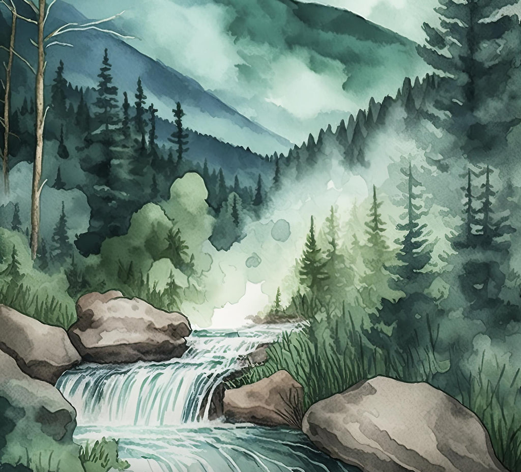 Forest Stream Watercolor Print, Nature Inspired River Canvas Art, Rustic Woodland Poster, Tranquil Landscape Wall Art Home Decor