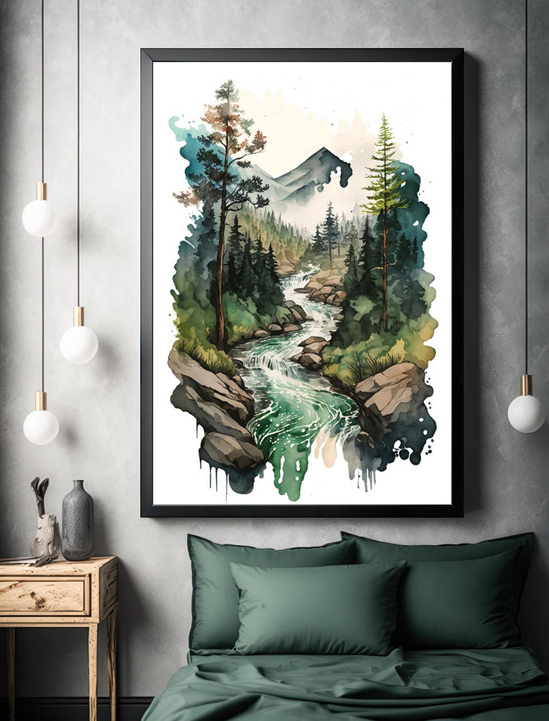 Forest Stream Watercolor Print, Nature Inspired River Canvas Art, Rustic Woodland Poster, Tranquil Landscape Wall Art Home Decor