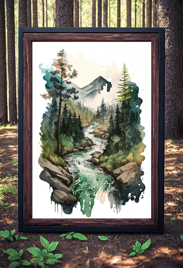 Forest Stream Watercolor Print, Nature Inspired River Canvas Art, Rustic Woodland Poster, Tranquil Landscape Wall Art Home Decor