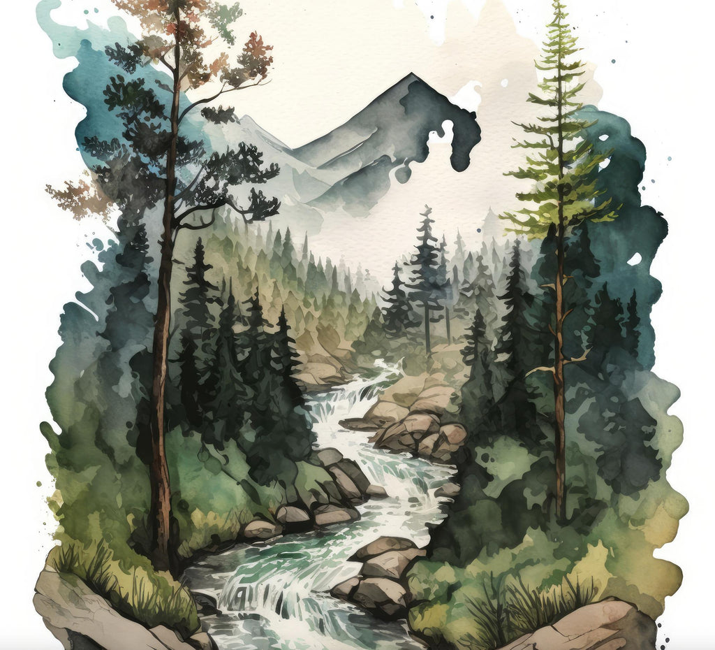 Forest Stream Watercolor Print, Nature Inspired River Canvas Art, Rustic Woodland Poster, Tranquil Landscape Wall Art Home Decor
