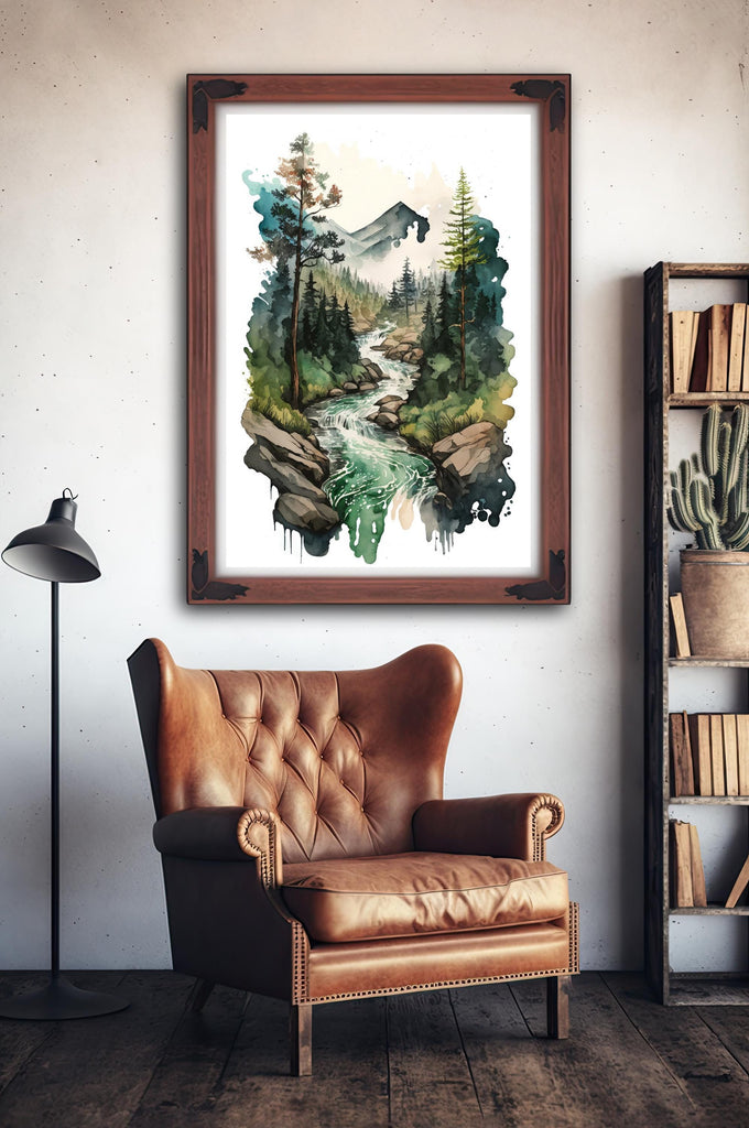 Forest Stream Watercolor Print, Nature Inspired River Canvas Art, Rustic Woodland Poster, Tranquil Landscape Wall Art Home Decor
