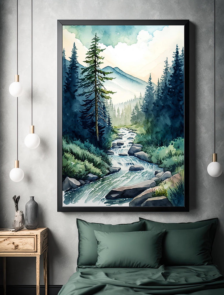 Forest Stream Watercolor Print, Nature Inspired River Canvas Art, Rustic Woodland Poster, Tranquil Landscape Wall Art Home Decor