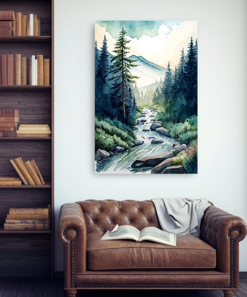 Forest Stream Watercolor Print, Nature Inspired River Canvas Art, Rustic Woodland Poster, Tranquil Landscape Wall Art Home Decor