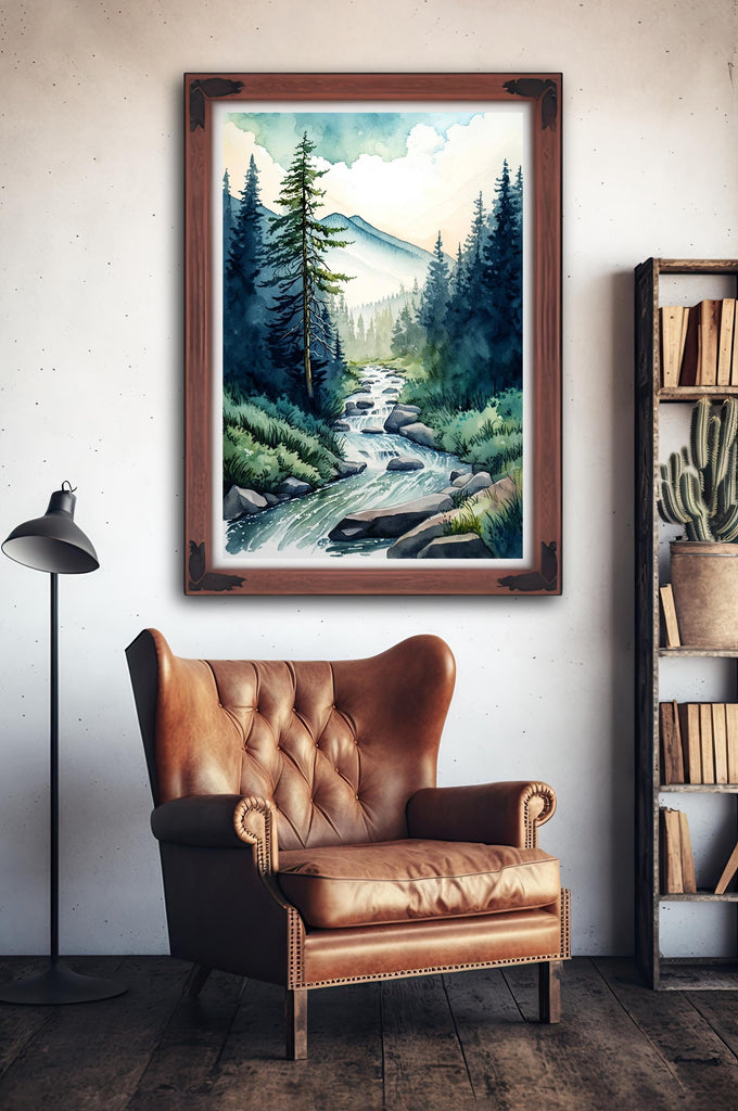 Forest Stream Watercolor Print, Nature Inspired River Canvas Art, Rustic Woodland Poster, Tranquil Landscape Wall Art Home Decor