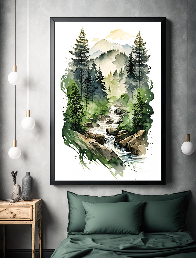Forest Stream Watercolor Print, Nature Inspired River Canvas Art, Rustic Woodland Poster, Tranquil Landscape Wall Art Home Decor