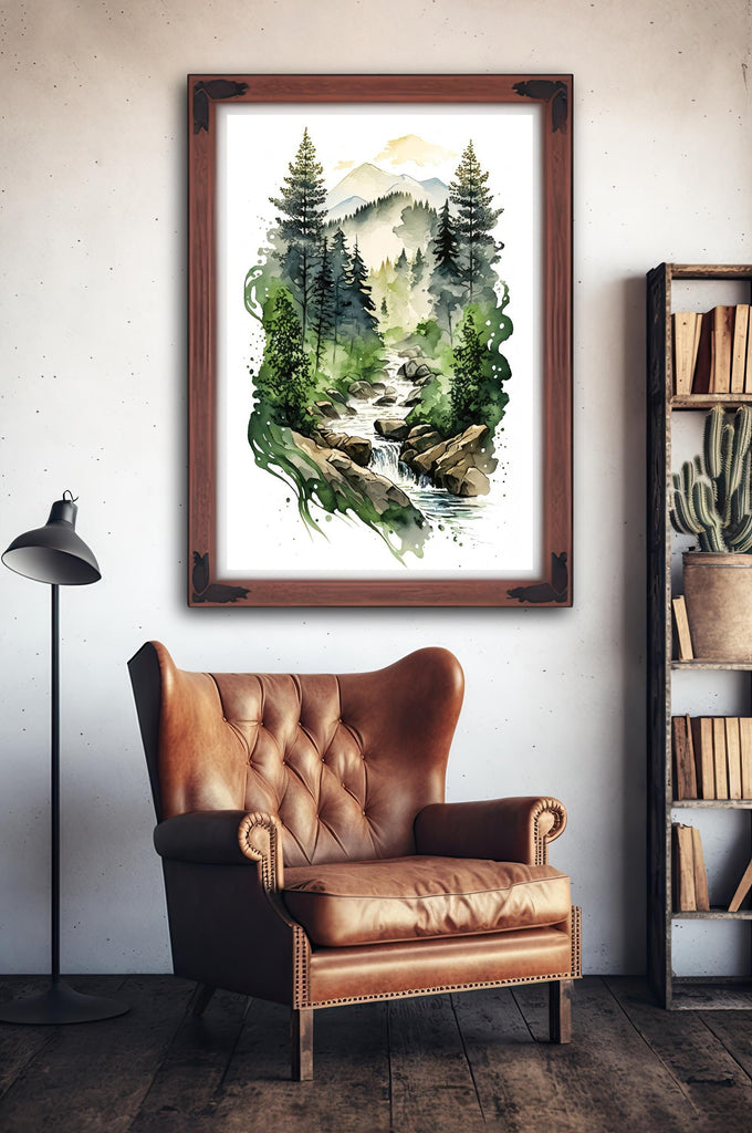 Forest Stream Watercolor Print, Nature Inspired River Canvas Art, Rustic Woodland Poster, Tranquil Landscape Wall Art Home Decor