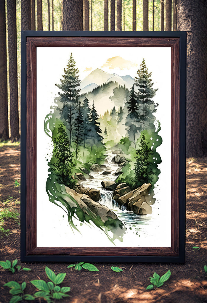 Forest Stream Watercolor Print, Nature Inspired River Canvas Art, Rustic Woodland Poster, Tranquil Landscape Wall Art Home Decor