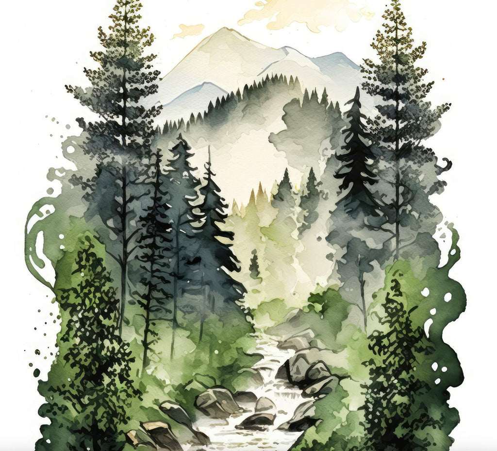 Forest Stream Watercolor Print, Nature Inspired River Canvas Art, Rustic Woodland Poster, Tranquil Landscape Wall Art Home Decor