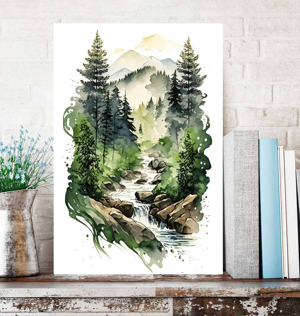 Forest Stream Watercolor Print, Nature Inspired River Canvas Art, Rustic Woodland Poster, Tranquil Landscape Wall Art Home Decor