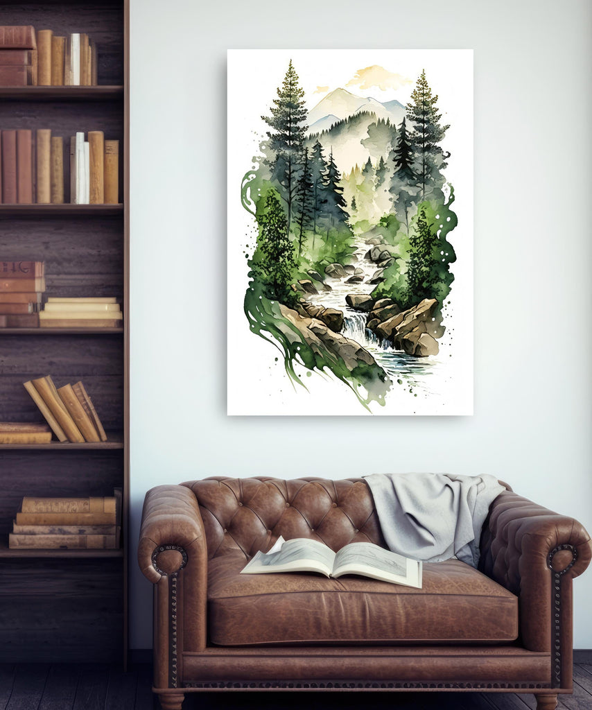 Forest Stream Watercolor Print, Nature Inspired River Canvas Art, Rustic Woodland Poster, Tranquil Landscape Wall Art Home Decor