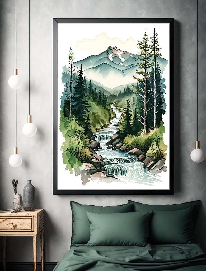 Forest Stream Watercolor Print, Nature Inspired River Canvas Art, Rustic Woodland Poster, Tranquil Landscape Wall Art Home Decor