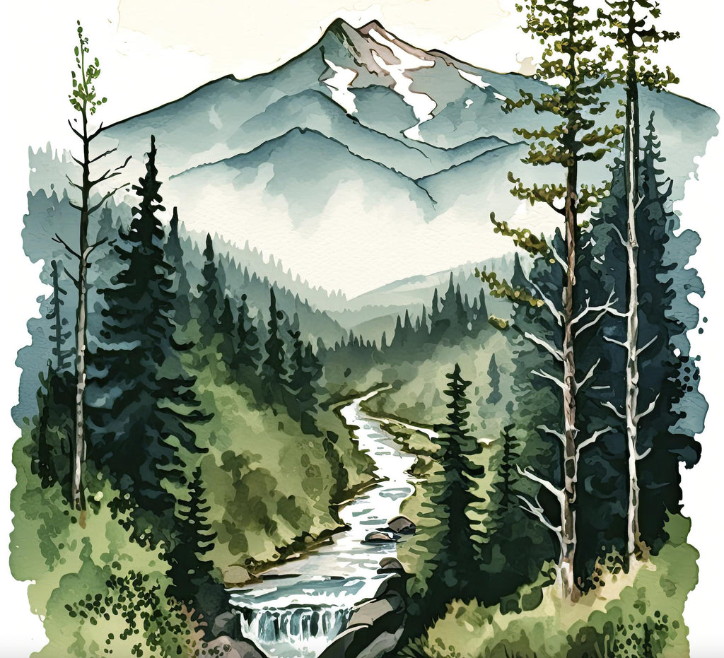 Forest Stream Watercolor Print, Nature Inspired River Canvas Art, Rustic Woodland Poster, Tranquil Landscape Wall Art Home Decor