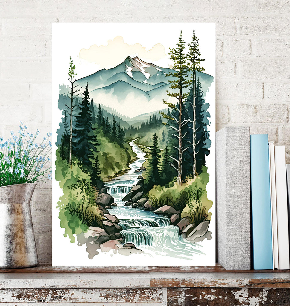 Forest Stream Watercolor Print, Nature Inspired River Canvas Art, Rustic Woodland Poster, Tranquil Landscape Wall Art Home Decor