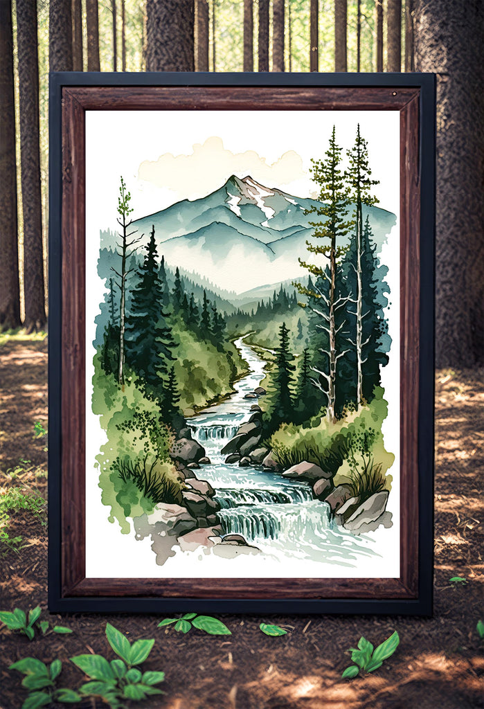 Forest Stream Watercolor Print, Nature Inspired River Canvas Art, Rustic Woodland Poster, Tranquil Landscape Wall Art Home Decor