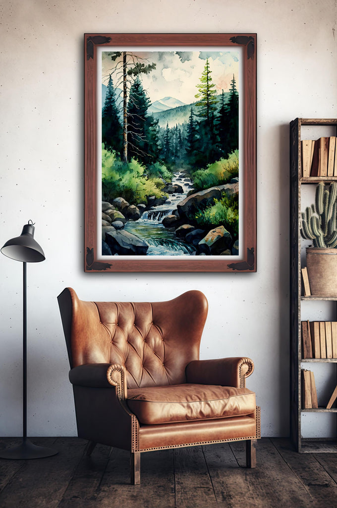 Forest Stream Watercolor Print, Nature Inspired River Canvas Art, Rustic Woodland Poster, Tranquil Landscape Wall Art Home Decor