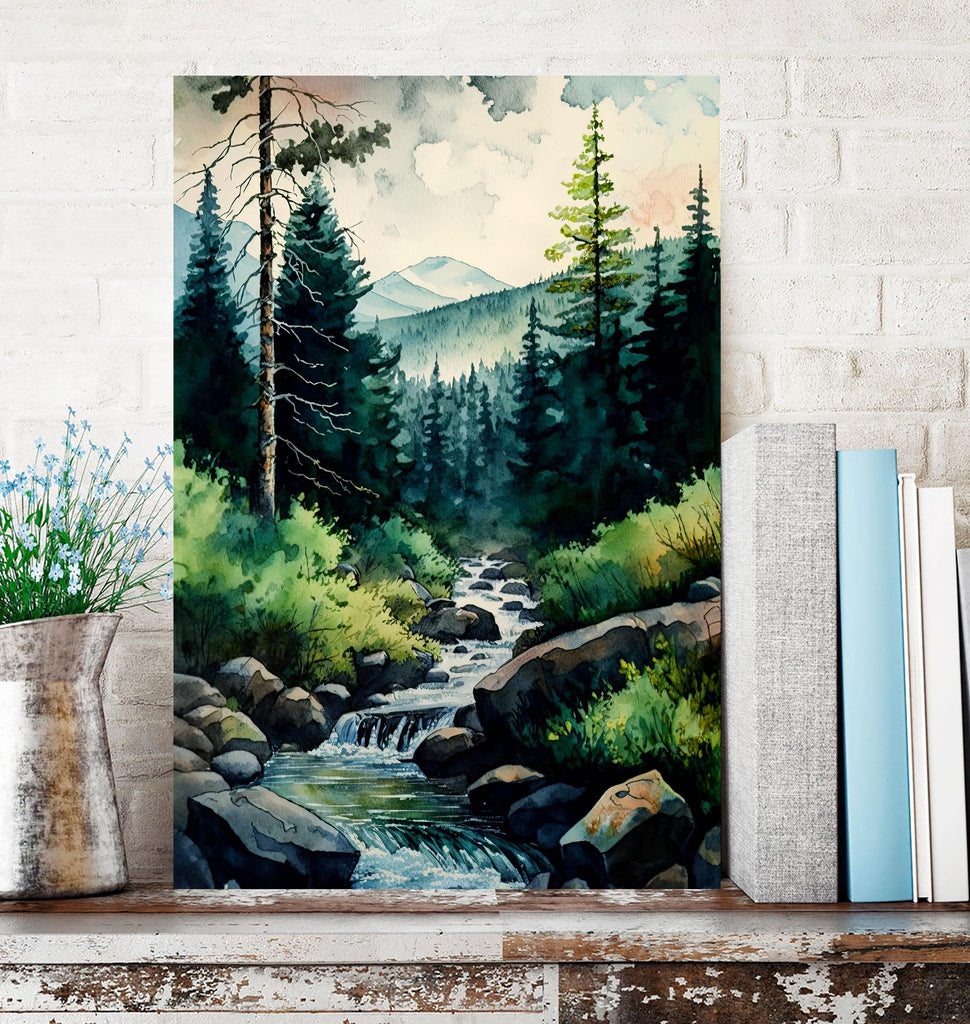 Forest Stream Watercolor Print, Nature Inspired River Canvas Art, Rustic Woodland Poster, Tranquil Landscape Wall Art Home Decor