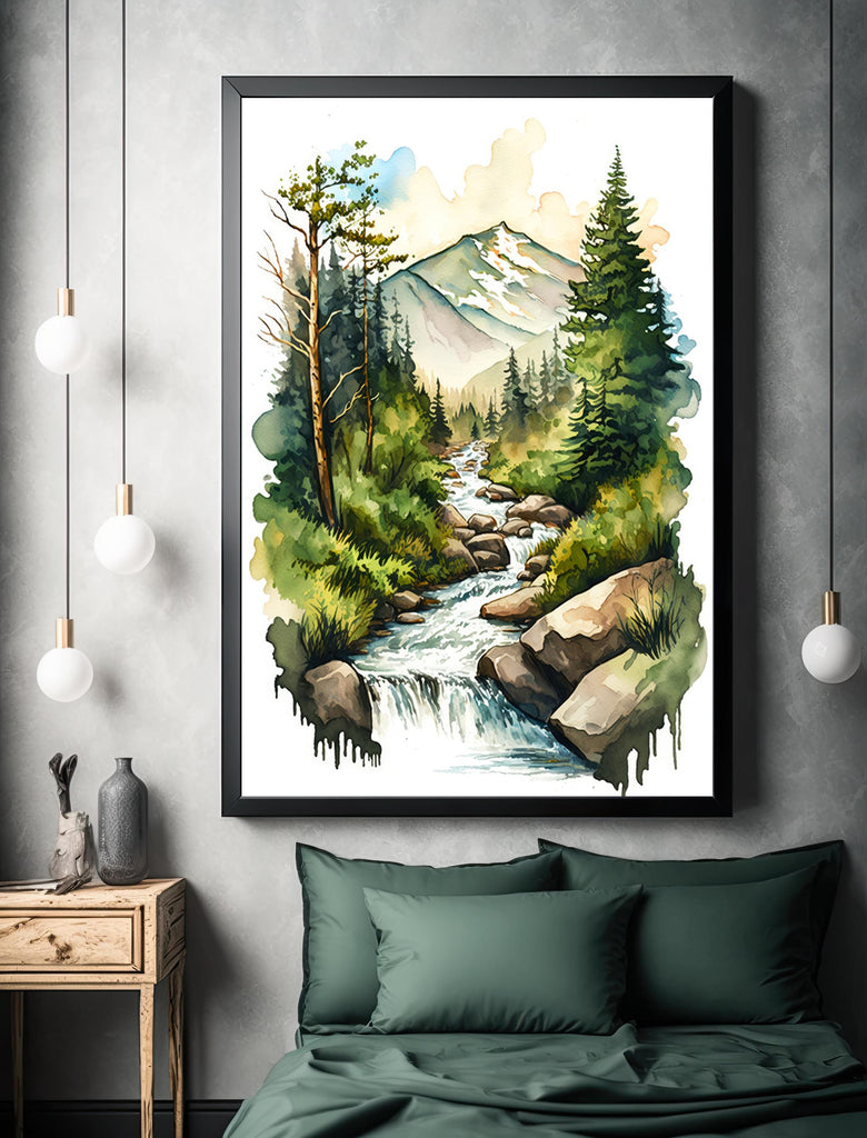 Forest Stream Watercolor Print, Nature Inspired River Canvas Art, Rustic Woodland Poster, Tranquil Landscape Wall Art Home Decor