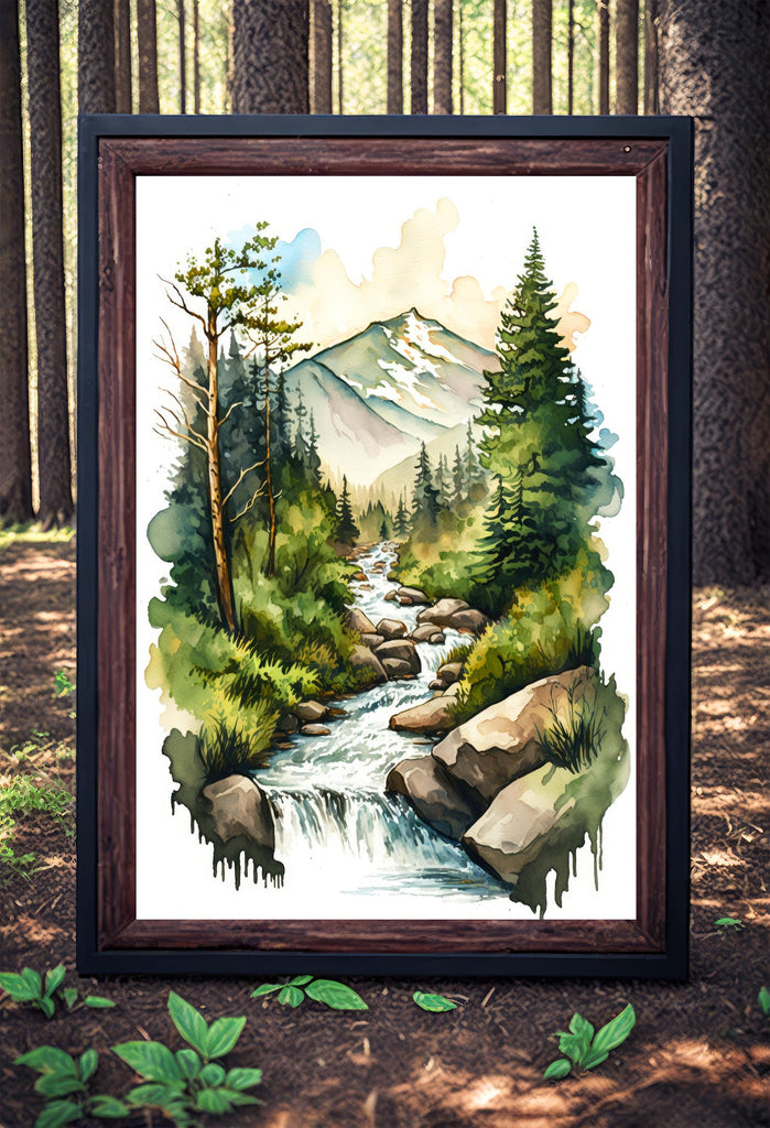 Forest Stream Watercolor Print, Nature Inspired River Canvas Art, Rustic Woodland Poster, Tranquil Landscape Wall Art Home Decor