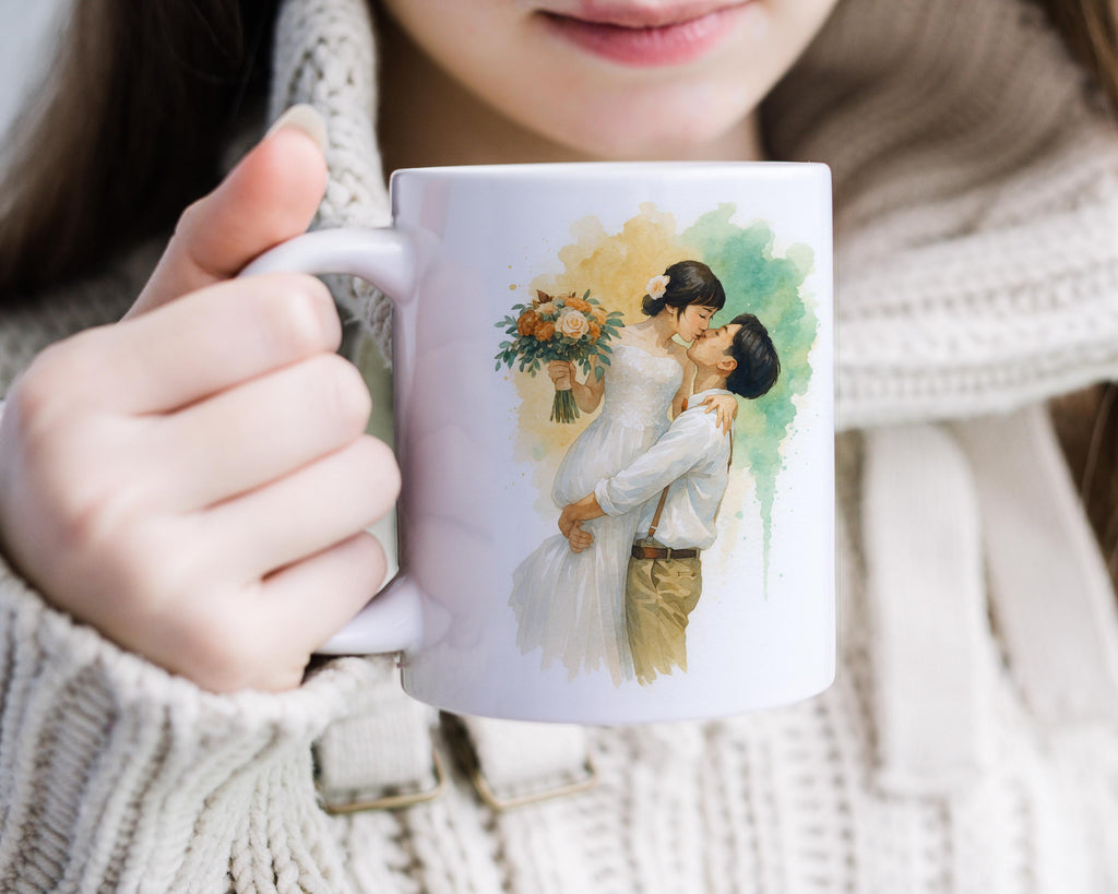 Custom Wedding Watercolor Coffee Mug, Personalized Bride and Groom Portrait from Photo, Romantic Anniversary Gift, Couple Keepsake Cup -11oz