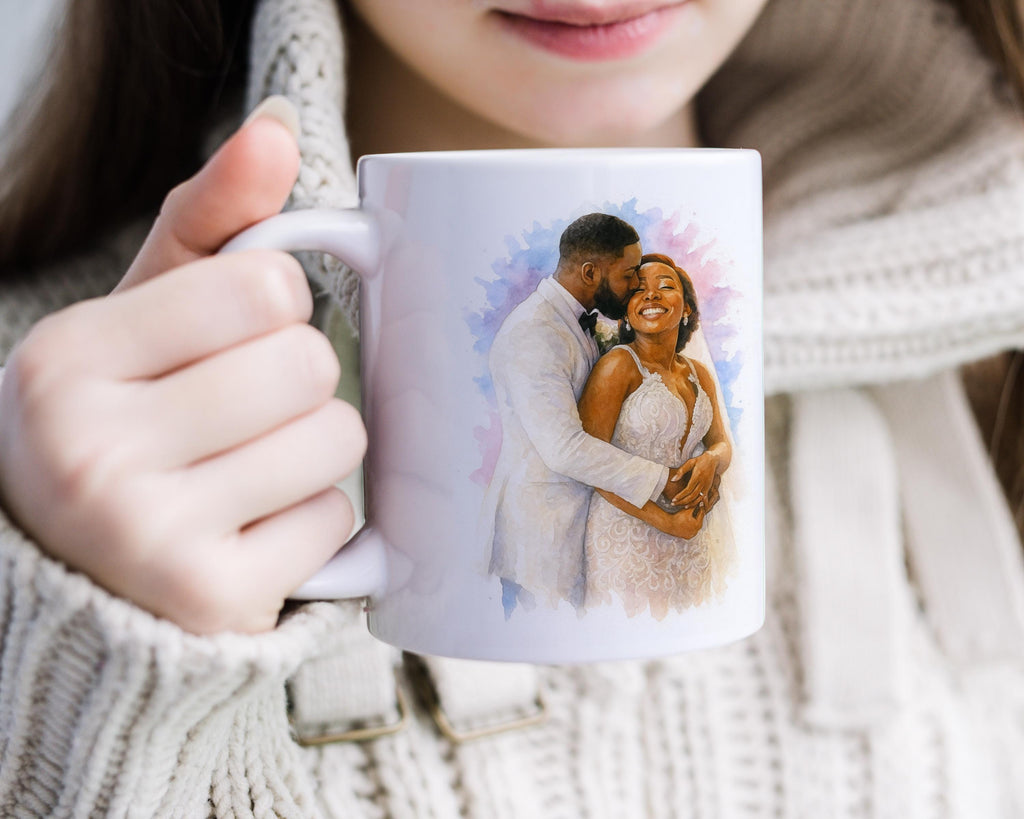 Romantic Wedding Portrait Coffee Mug, Custom Watercolor Couple Art from Photo, Personalized Anniversary Gift, Bride and Groom Keepsake -11oz