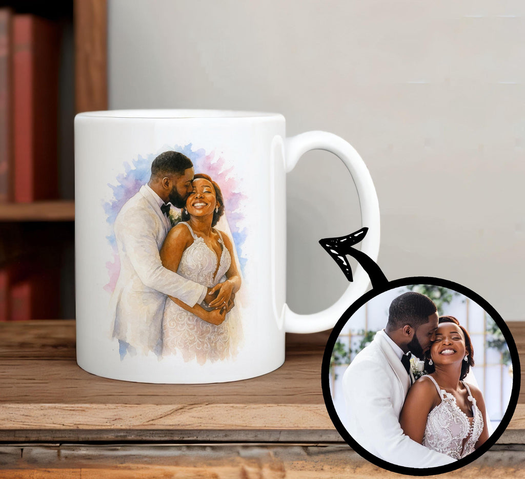 Anniversary Gift Custom Wedding Coffee Mug, Bride and Groom Portrait in Watercolor, Personalized Couple Keepsake Drinkware - 11oz