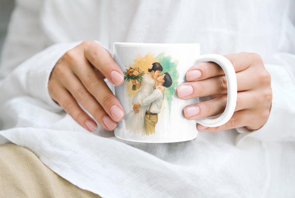 Anniversary Gift Custom Wedding Coffee Mug, Bride and Groom Portrait in Watercolor, Personalized Couple Keepsake Drinkware - 11oz