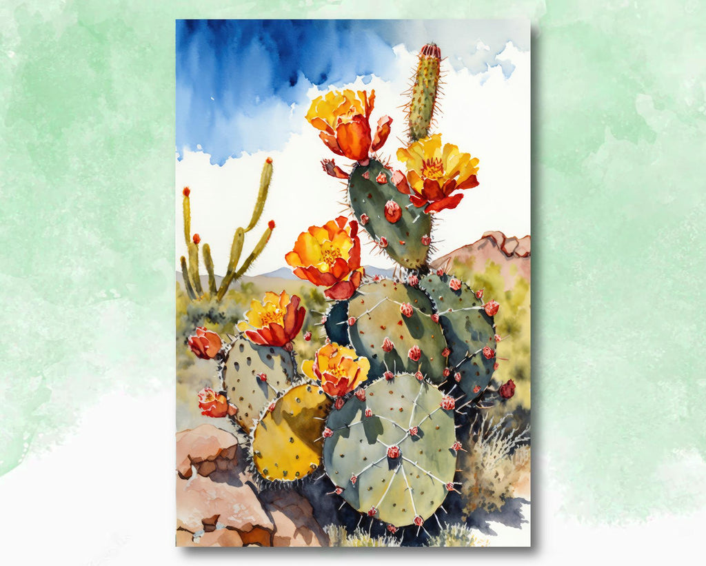 Flower Prickly Pear Cactus Sunset Art Print Watercolor Botanical Desert Wall Art Nature Inspired Sonoran Art Southwest Western Decor