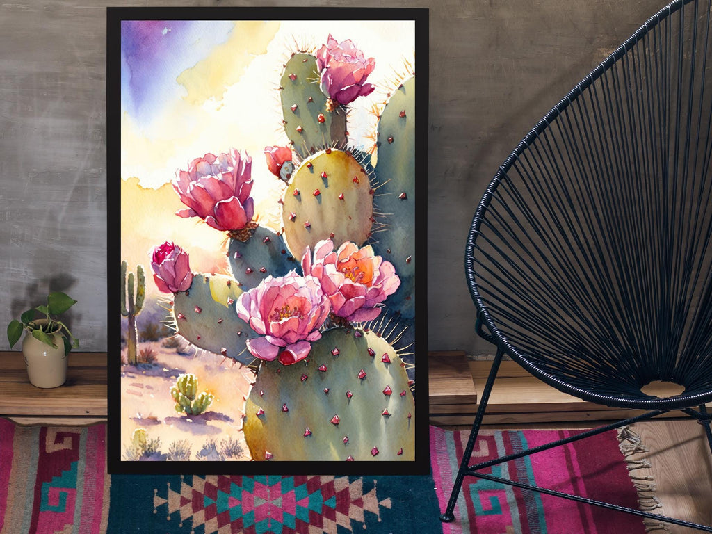 Flower Prickly Pear Cactus Sunset Art Print Watercolor Botanical Desert Wall Art Nature Inspired Sonoran Art Southwest Western Decor