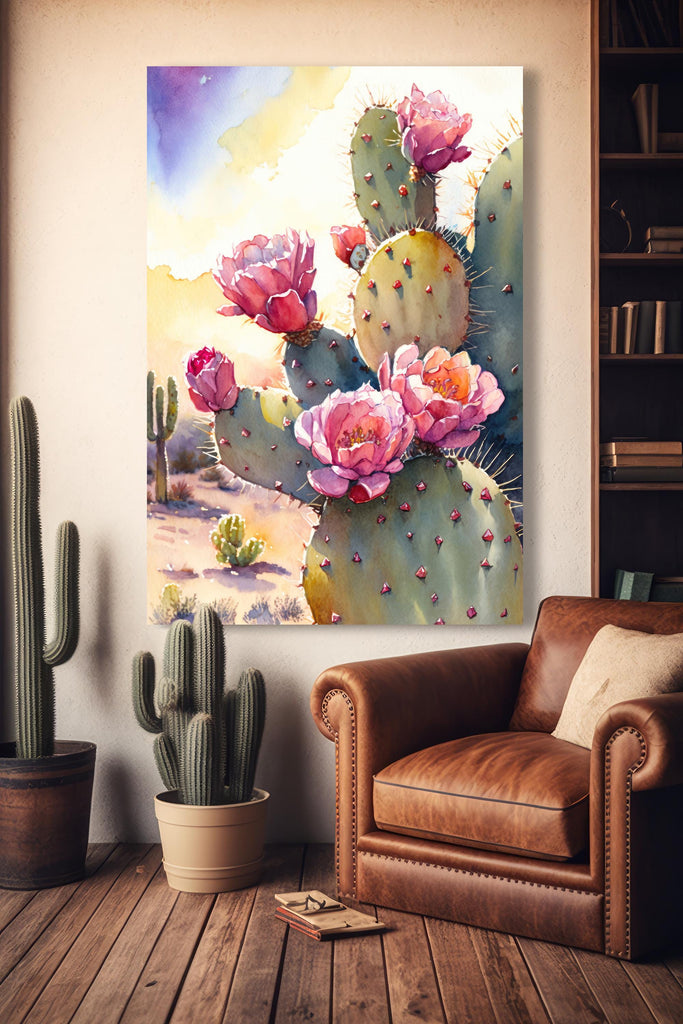 Flower Prickly Pear Cactus Sunset Art Print Watercolor Botanical Desert Wall Art Nature Inspired Sonoran Art Southwest Western Decor