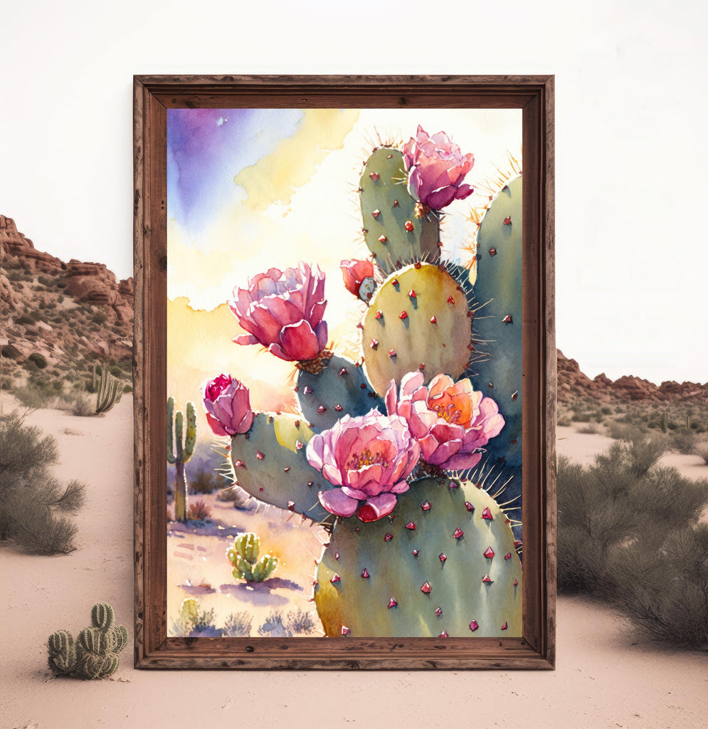 Flower Prickly Pear Cactus Sunset Art Print Watercolor Botanical Desert Wall Art Nature Inspired Sonoran Art Southwest Western Decor