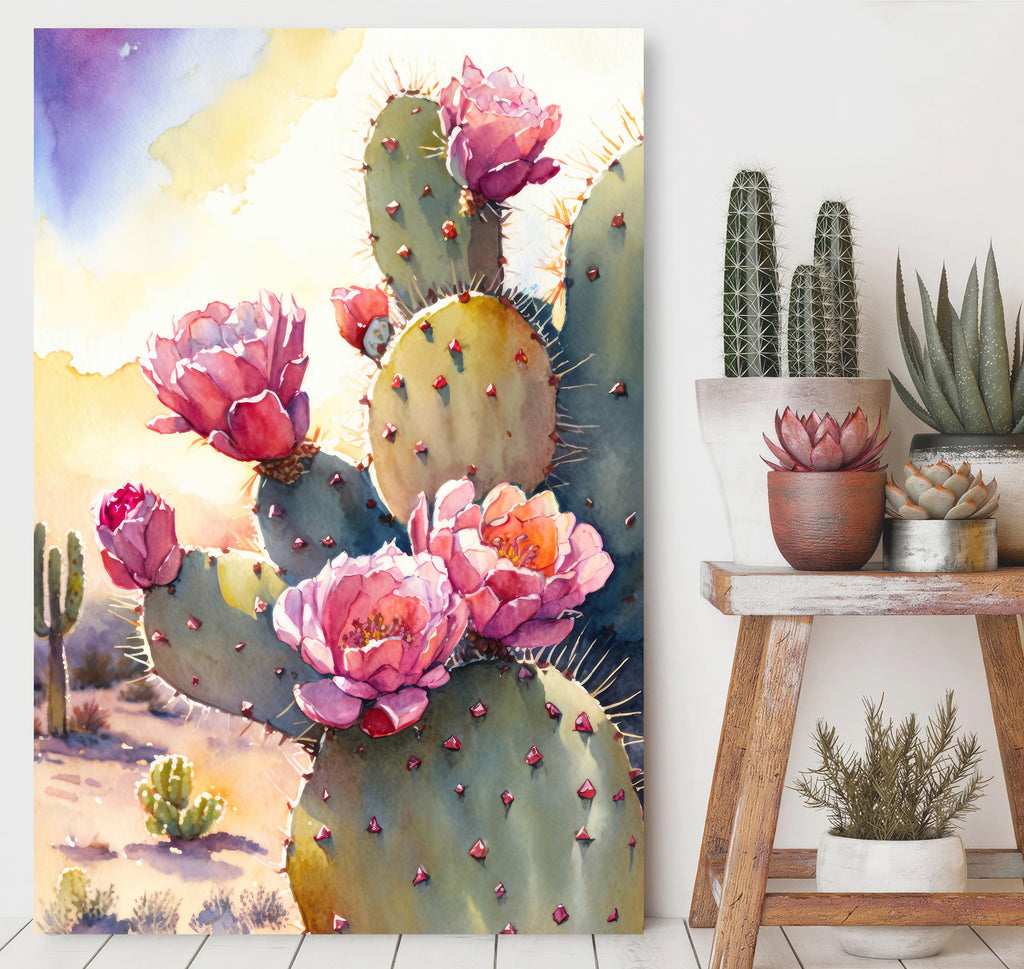 Flower Prickly Pear Cactus Sunset Art Print Watercolor Botanical Desert Wall Art Nature Inspired Sonoran Art Southwest Western Decor