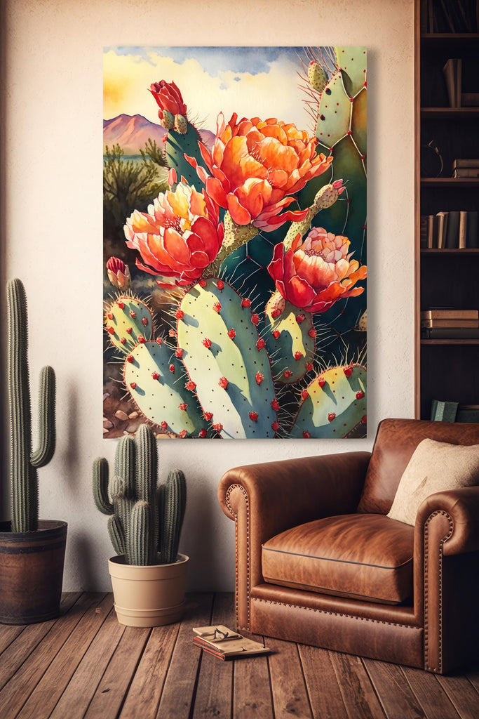 Flower Prickly Pear Cactus Sunset Art Print Watercolor Botanical Desert Wall Art Nature Inspired Sonoran Art Southwest Western Decor