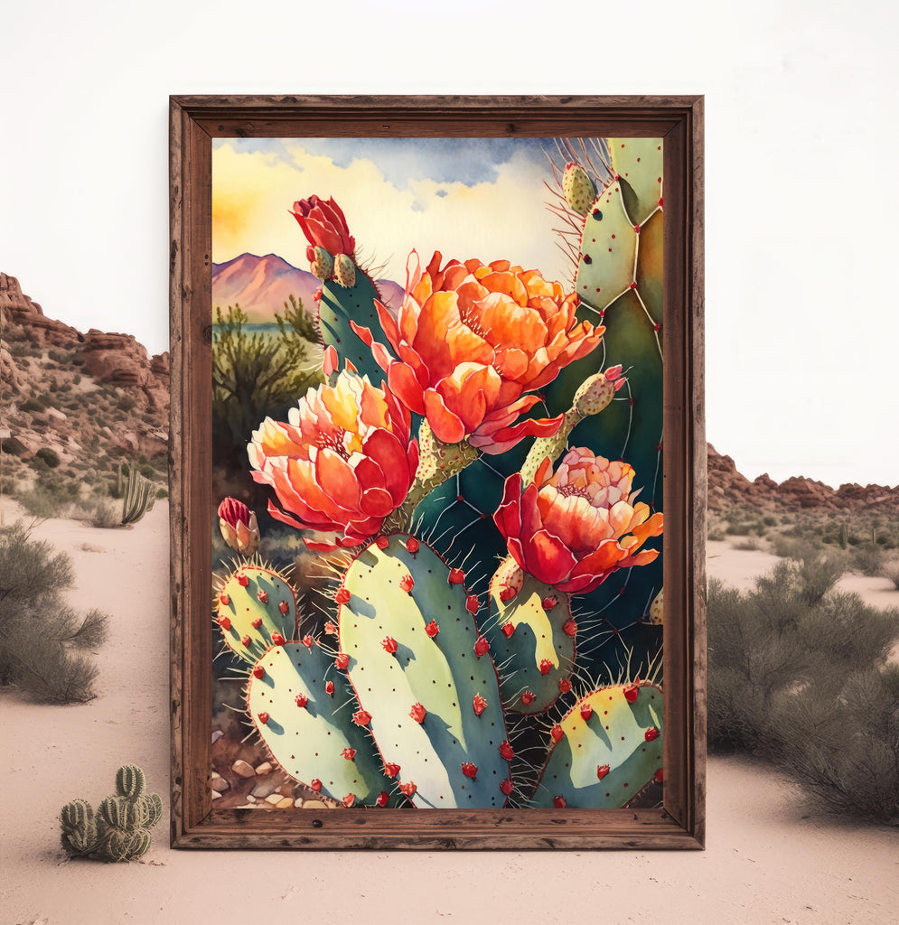 Flower Prickly Pear Cactus Sunset Art Print Watercolor Botanical Desert Wall Art Nature Inspired Sonoran Art Southwest Western Decor