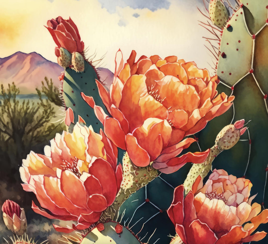 Flower Prickly Pear Cactus Sunset Art Print Watercolor Botanical Desert Wall Art Nature Inspired Sonoran Art Southwest Western Decor