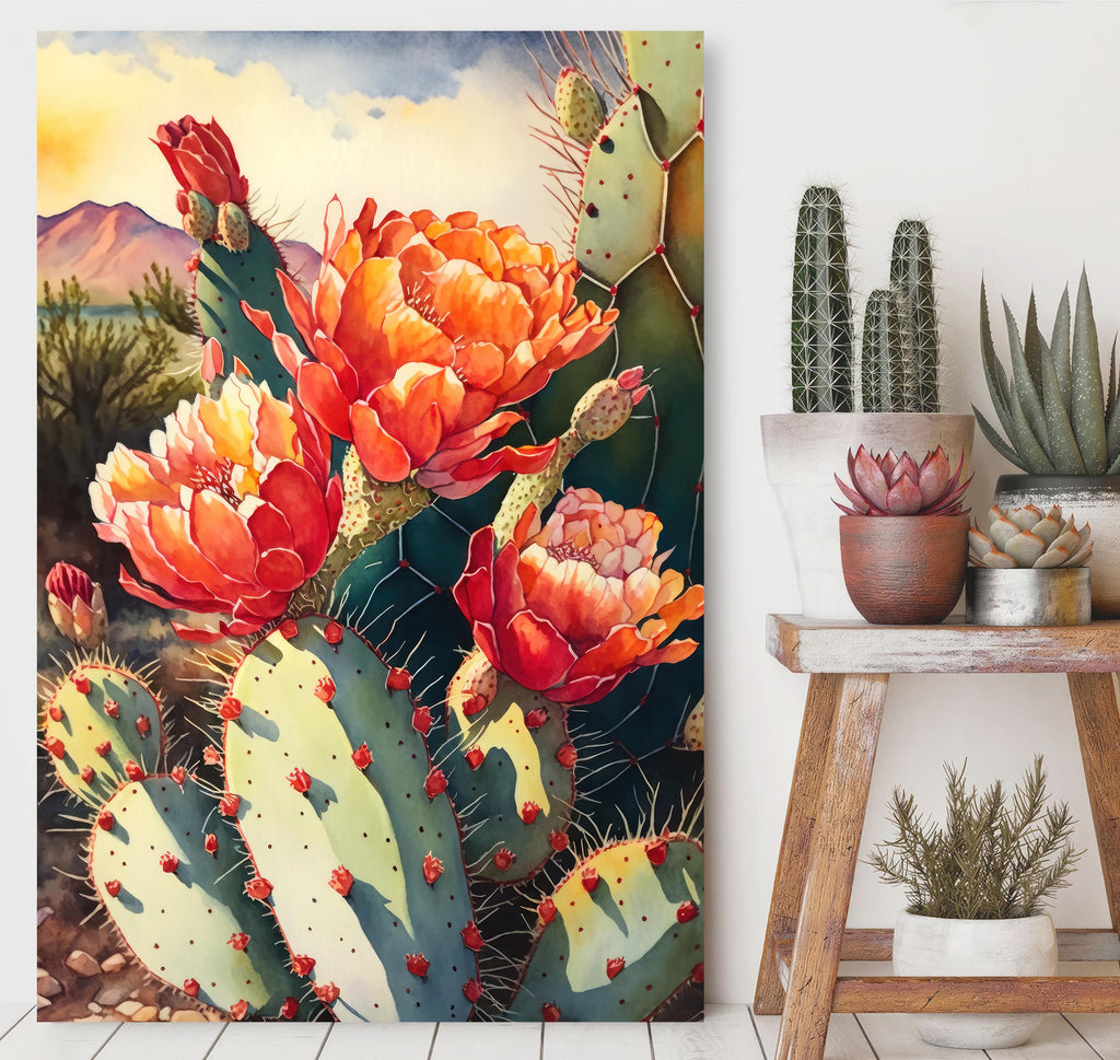 Flower Prickly Pear Cactus Sunset Art Print Watercolor Botanical Desert Wall Art Nature Inspired Sonoran Art Southwest Western Decor